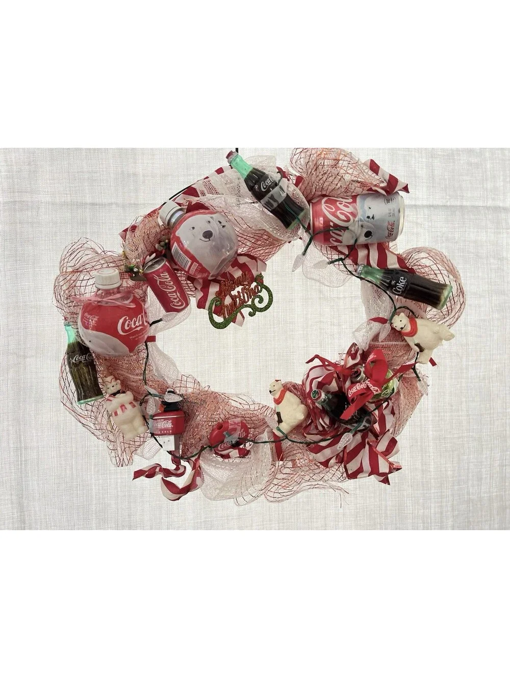 Handmade Coca Cola Christmas Winter Wreath Deco Mesh Red  White 17”